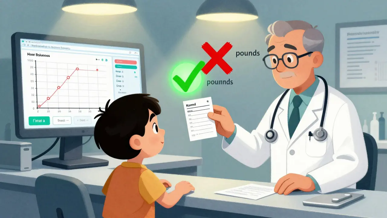 Pharmacist verifies pediatric dose against weight in kg, green checkmark beside correct calculation.