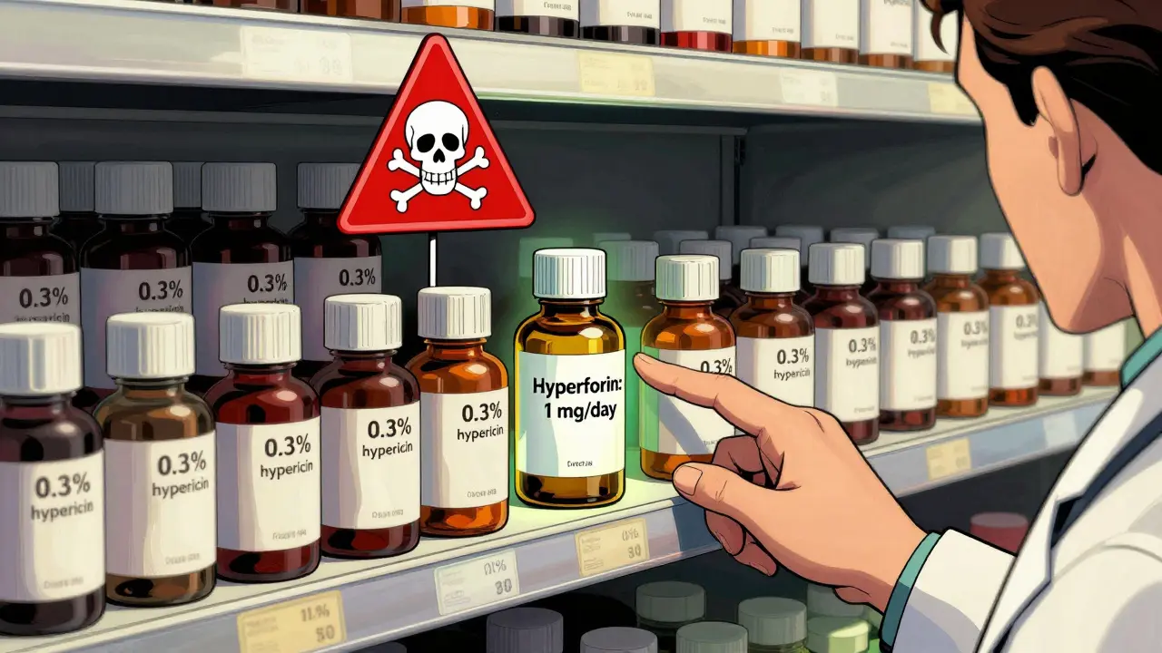 Pharmacy shelves with St. John’s Wort bottles—most unlabeled for hyperforin, one safe option highlighted.