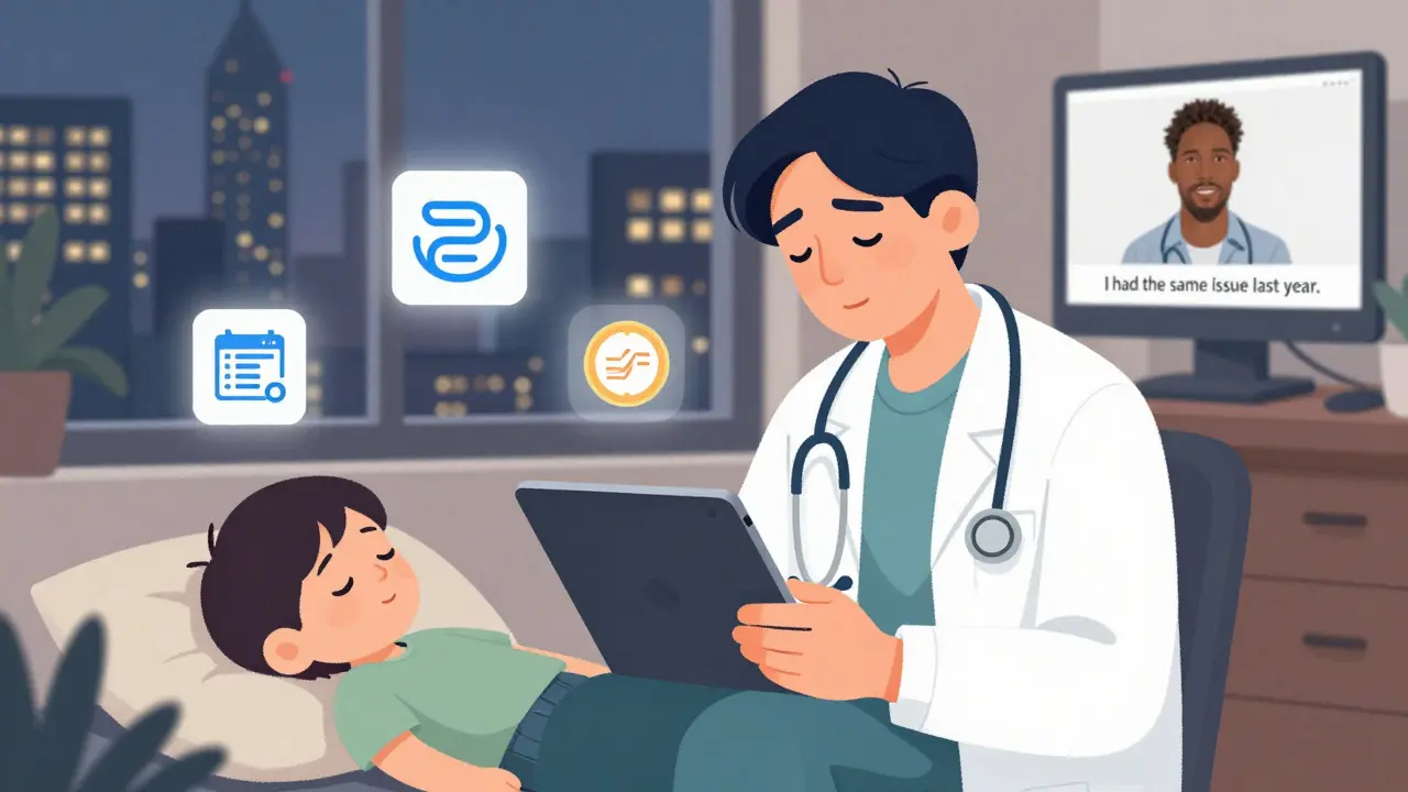 Physician works remotely at home, balancing patient care with family, while a patient shares a personal story on screen.