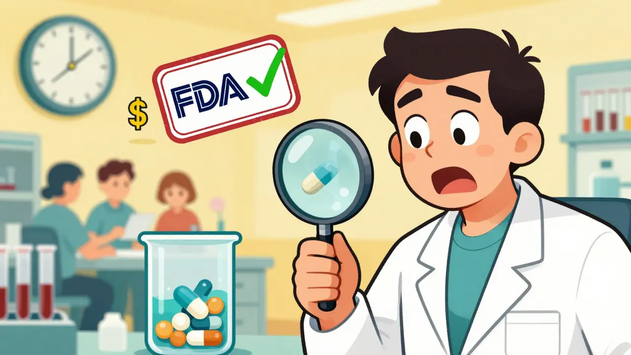 Scientist celebrating as FDA stamp approves generic drug using in vitro dissolution test