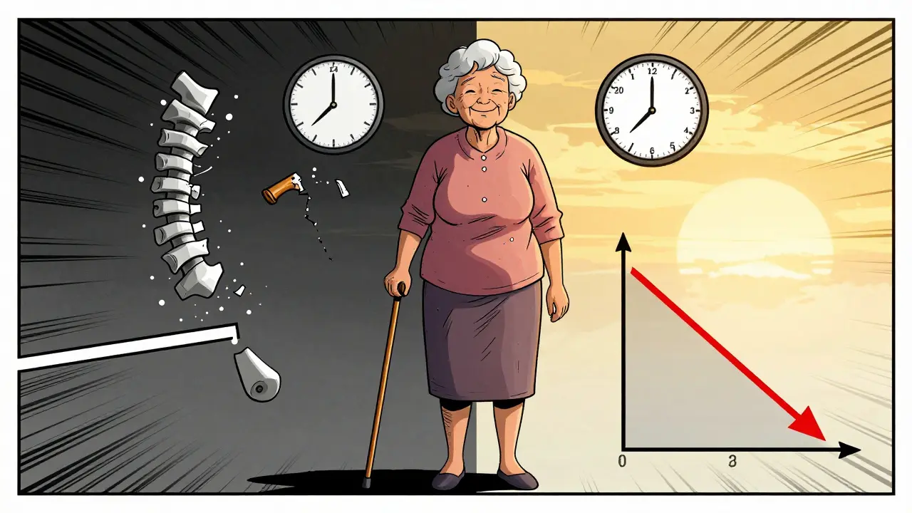 Senior woman standing tall after kyphoplasty, symbols of pain relief and restored mobility around her.