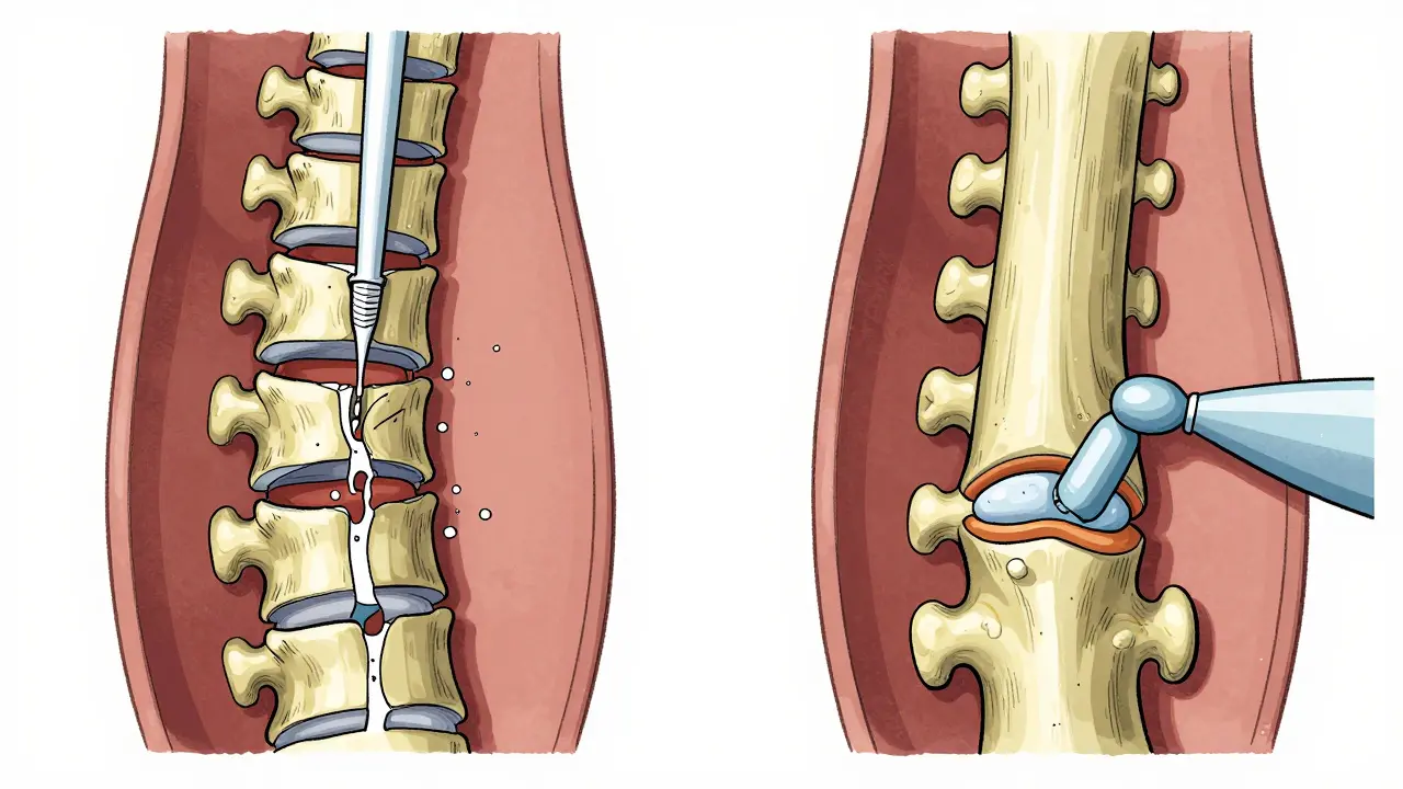Side-by-side comparison of vertebroplasty (leaking cement) and kyphoplasty (balanced cement with restored bone height).