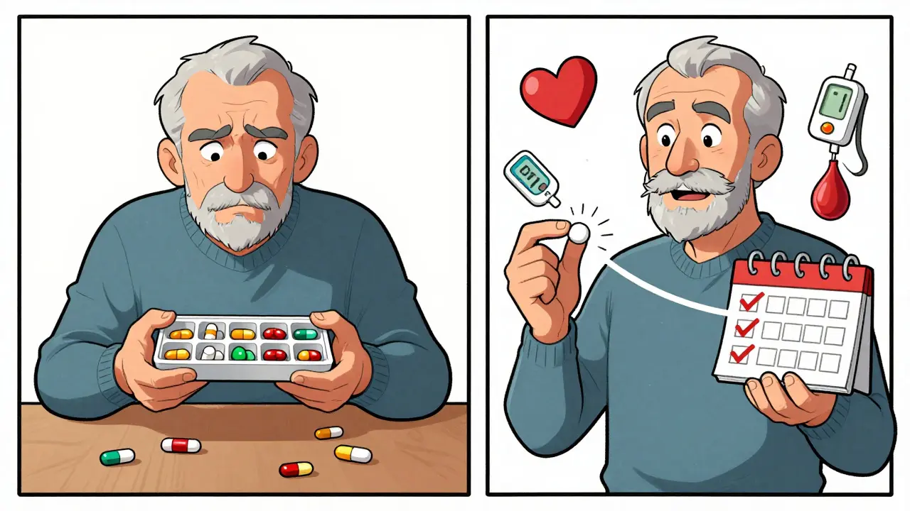 Split illustration showing a man overwhelmed by many pills transforming into holding one combined pill with four daily checkmarks.