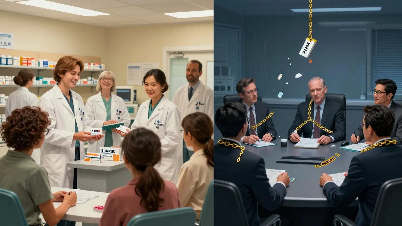 Split scene: warm clinic giving discounted generics vs. dark boardroom hoarding rebates.