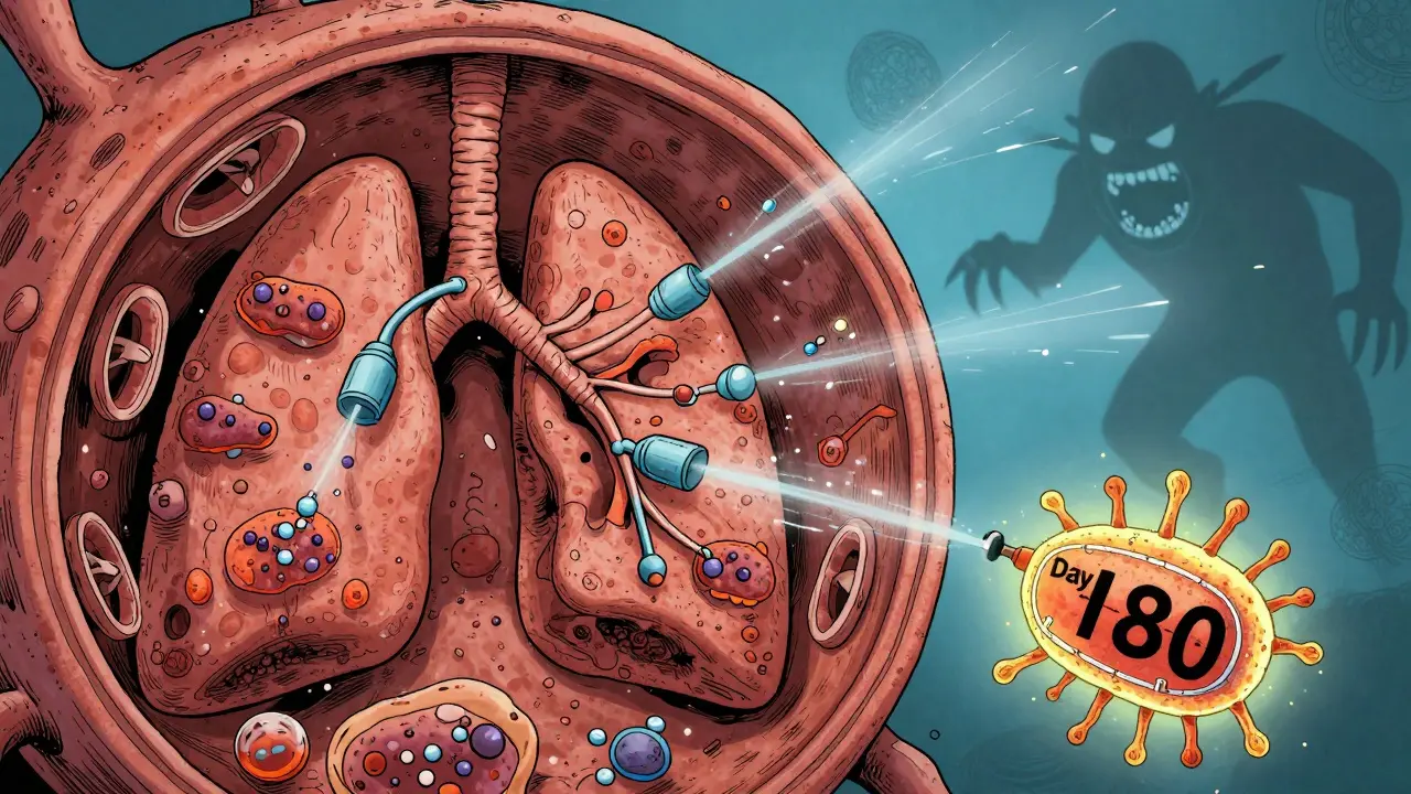 TB bacteria in lung with efflux pumps spitting out rifampin molecules, one protected by a shield, countdown to relapse looming.