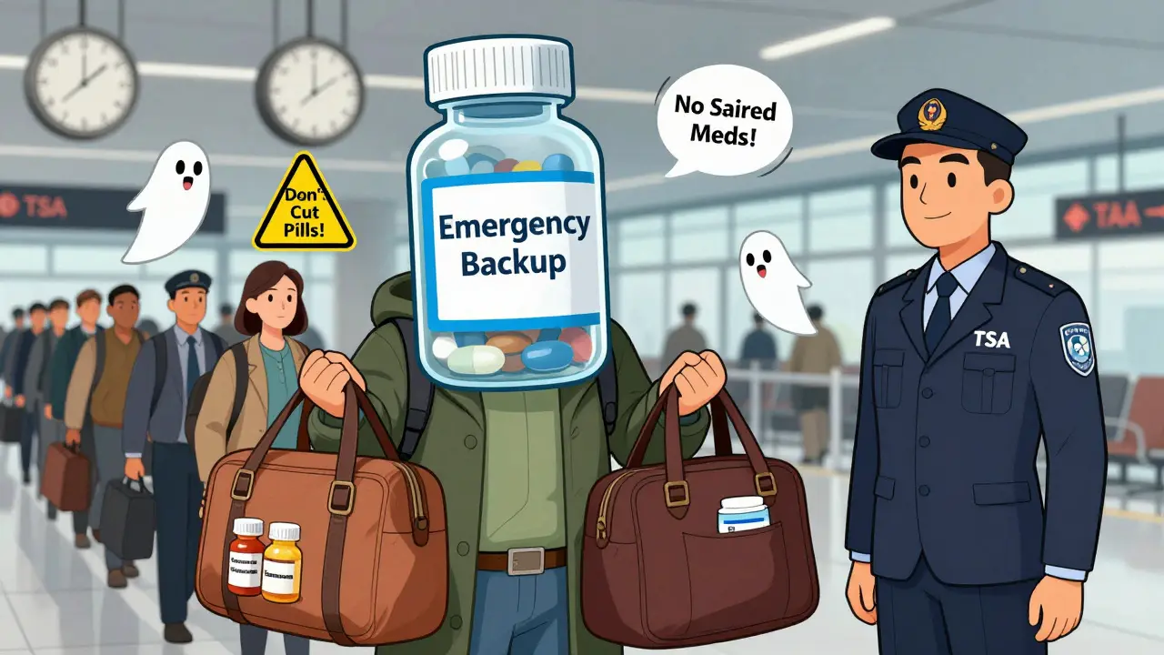 Traveler at airport security with two separate medication containers and a friendly TSA agent.