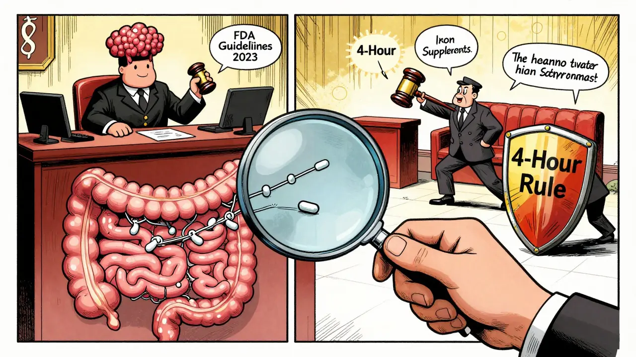 A comic-style courtroom inside the intestine shows iron atoms being judged for blocking thyroid hormone absorption.