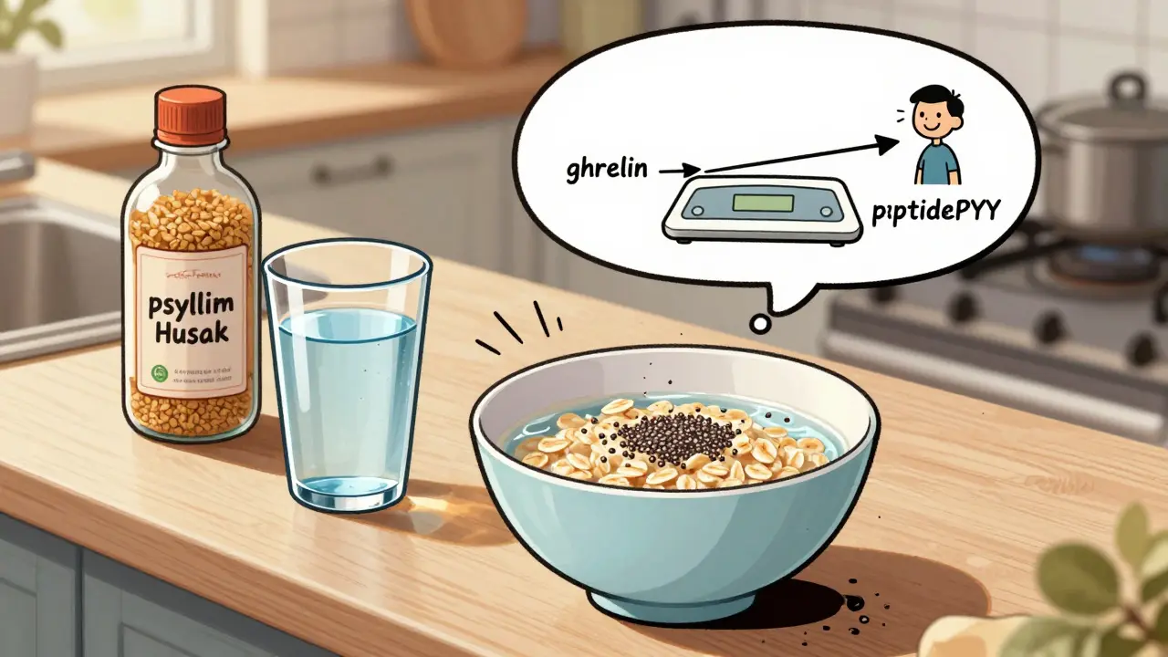 A kitchen scene with oatmeal, chia seeds, and psyllium beside a glass of water, showing hunger hormones in a thought bubble.