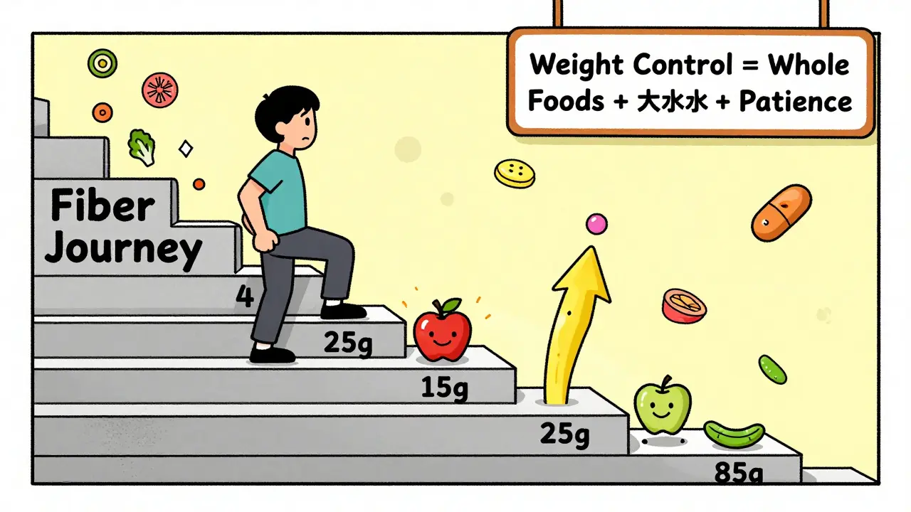 A person climbing a fiber journey staircase with weekly progress, surrounded by healthy foods in cartoon style.