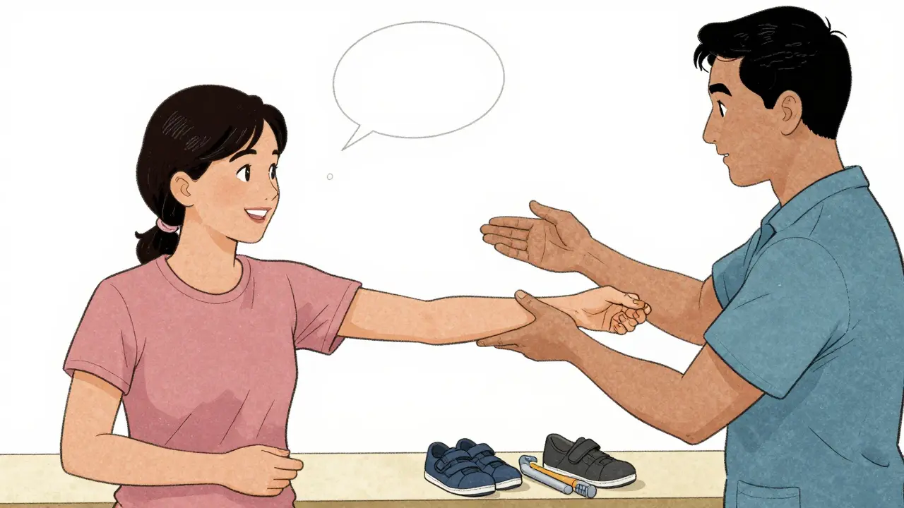 A person speaks softly as their voice fades, while a therapist guides their movement with adaptive tools nearby.