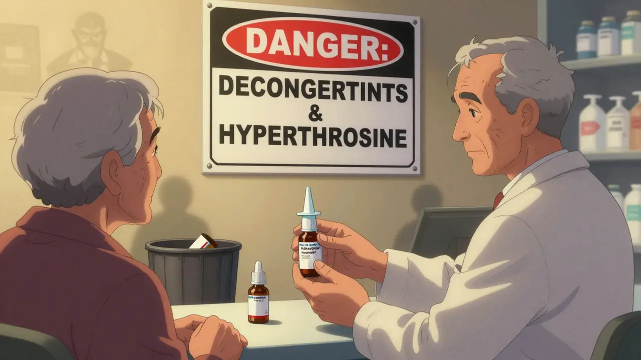 A pharmacist hands a saline spray to a patient, with decongestant bottles discarded nearby.