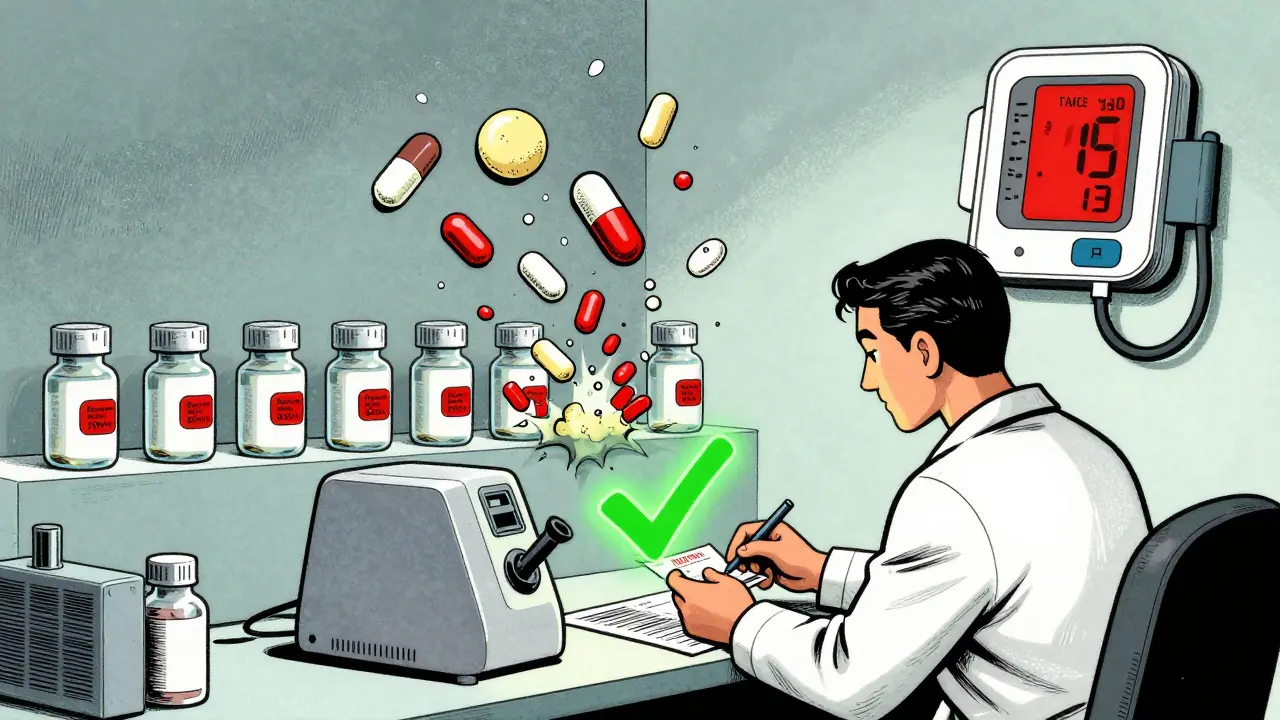 A pharmacist scans a prescription as identical pills break apart to reveal different fillers, with a blood pressure monitor spiking.