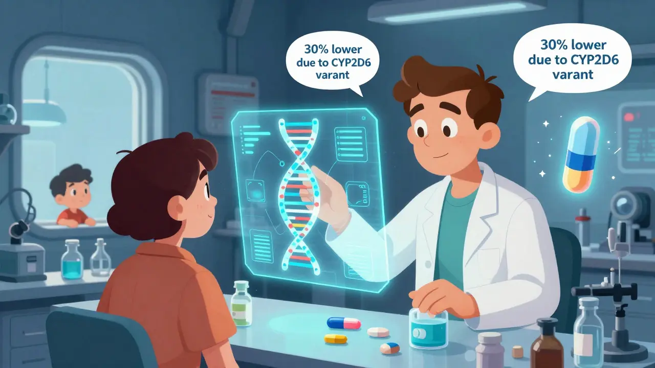 A scientist uses a hologram to personalize a drug dose based on a patient’s DNA, with floating dosage recommendations.