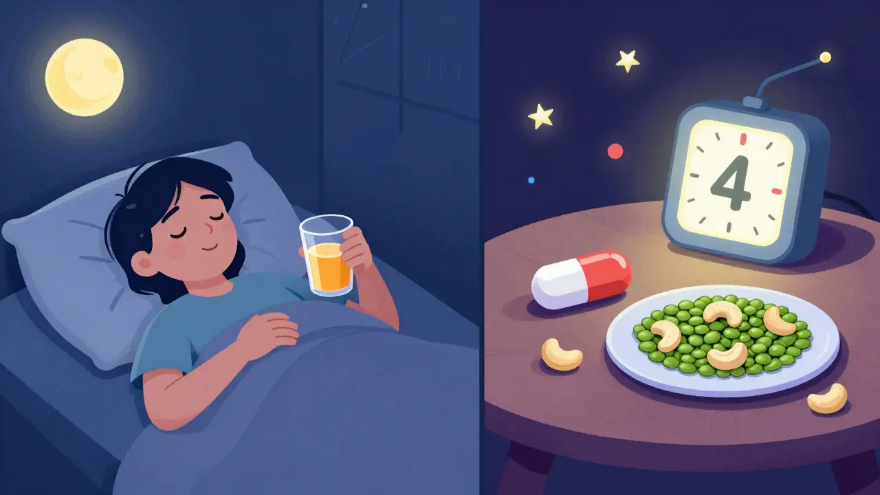 At night, someone takes thyroid medication with apple juice while iron supplements and snacks are separated by a 4-hour timer.