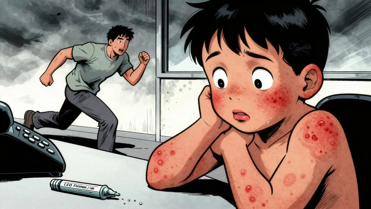 Child with raised hives and swollen lips, parent rushing to call for help.