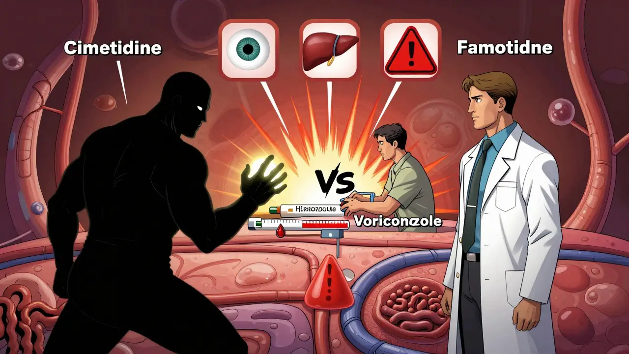 Cimetidine and Famotidine as opposing figures, showing their impact on voriconazole blood levels in a stylized human body.