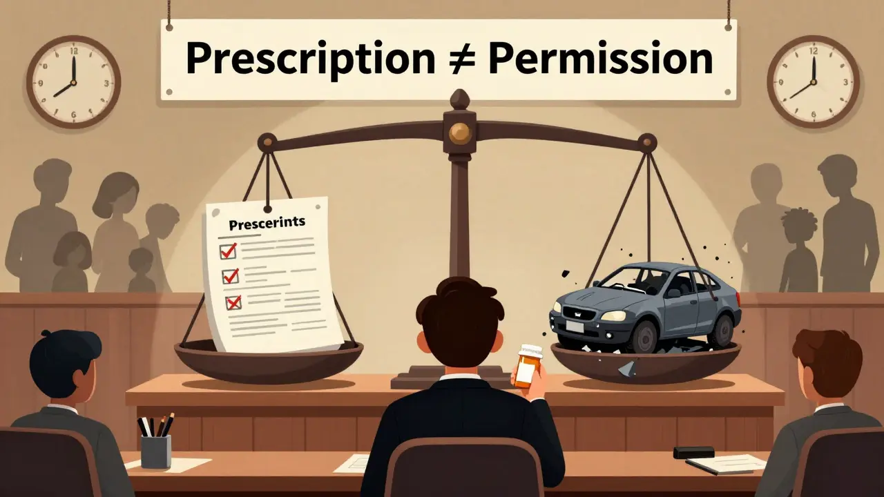 Courtroom scene with a prescription bottle on one side of a scale and a car crash on the other, symbolizing legal consequences of driving on opioids.