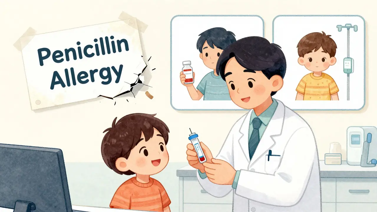 Doctor removing 'penicillin allergy' label as child smiles with test kit nearby.