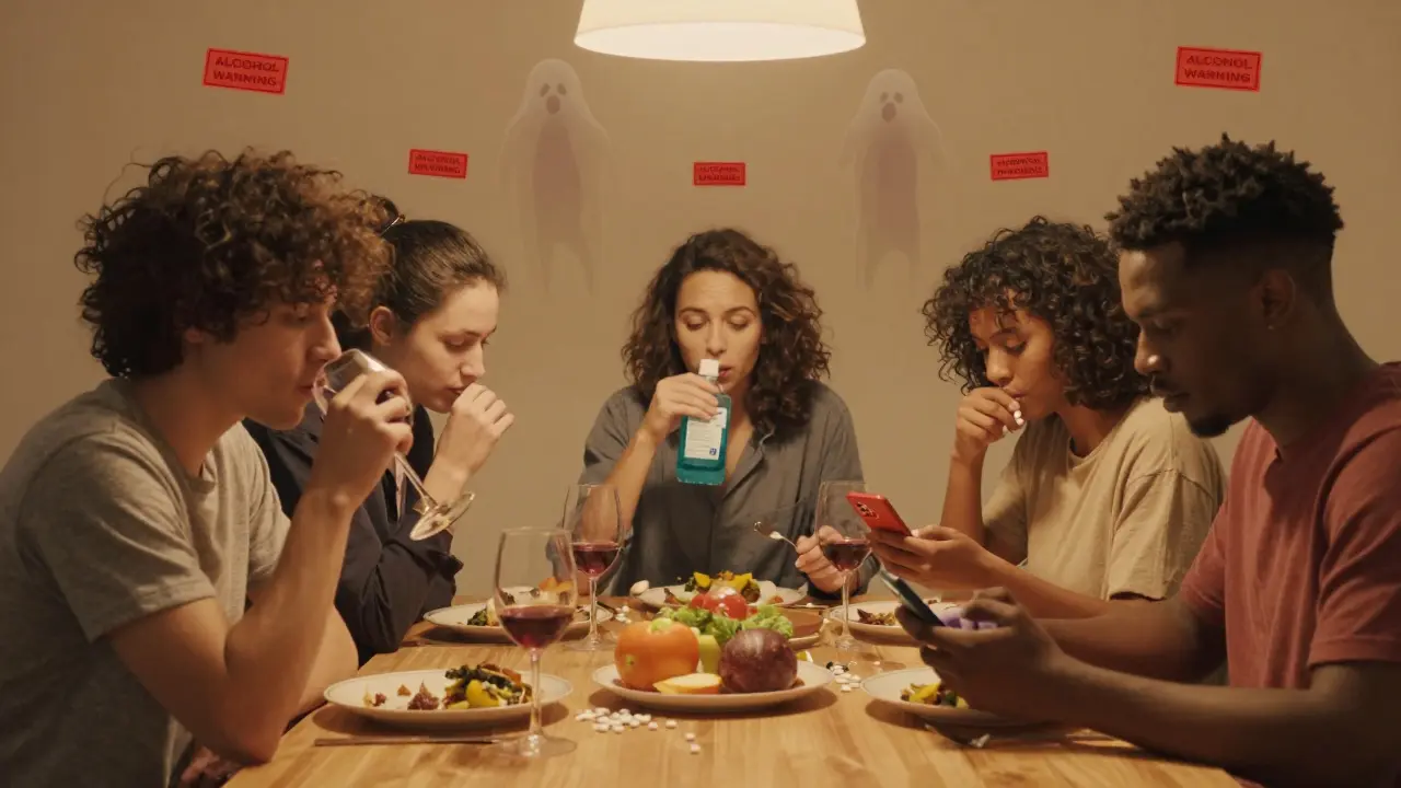 People eating dinner with metronidazole and alcohol, outdated warning labels fading above them.