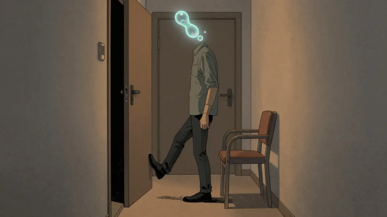 Someone frozen mid-step in a hallway, with a fading dopamine molecule above them.