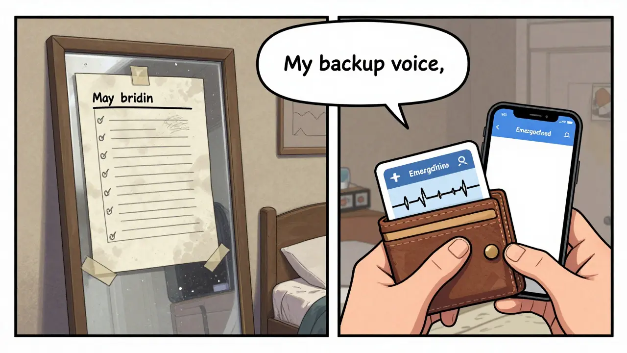 Split-panel comic: outdated meds on mirror vs. updated card in wallet and phone Emergency Info.