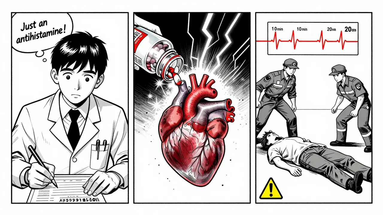 Three-panel comic: doctor prescribing hydroxyzine, pill turning into electrical storm over heart, patient collapsing with timeline of risk.