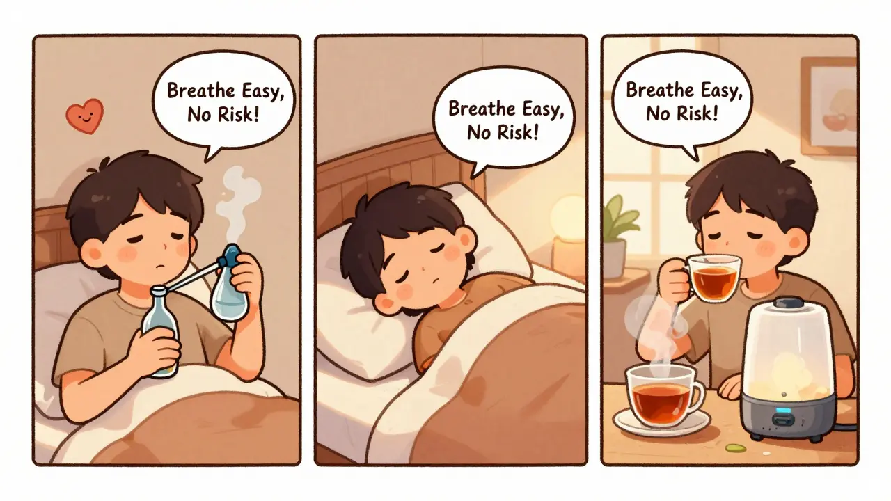 Three safe methods to relieve congestion: neti pot, elevated head during sleep, and a humidifier.