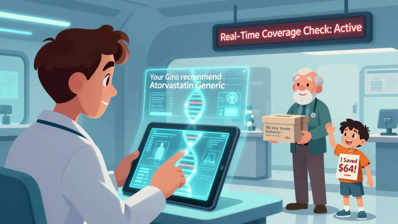 A doctor uses a holographic DNA display to recommend a generic drug based on pharmacogenomics in a 2026 TRICARE clinic.