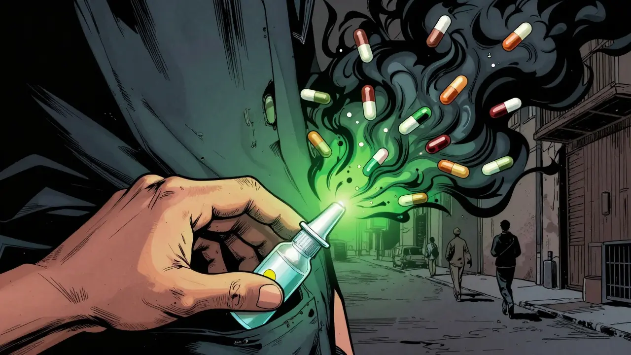 A hand pulling out naloxone as it neutralizes swirling dark drug smoke, symbolizing life-saving intervention.