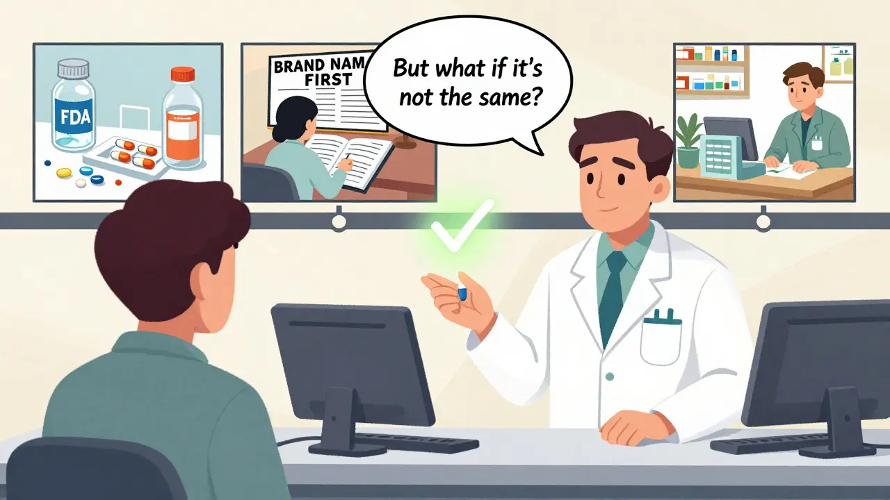 A pharmacist explains generics to a patient as a comic-style timeline shows FDA testing, biased media, and cost savings.