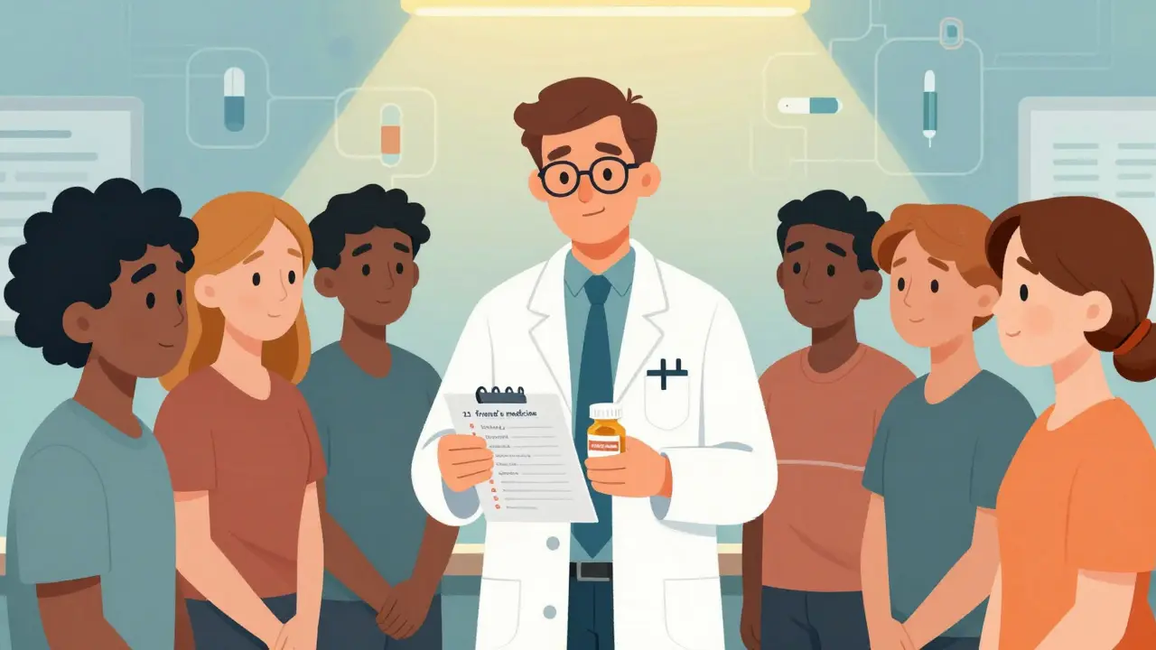 A pharmacist showing a checklist of substances to patients, conveying honest conversation and harm reduction.