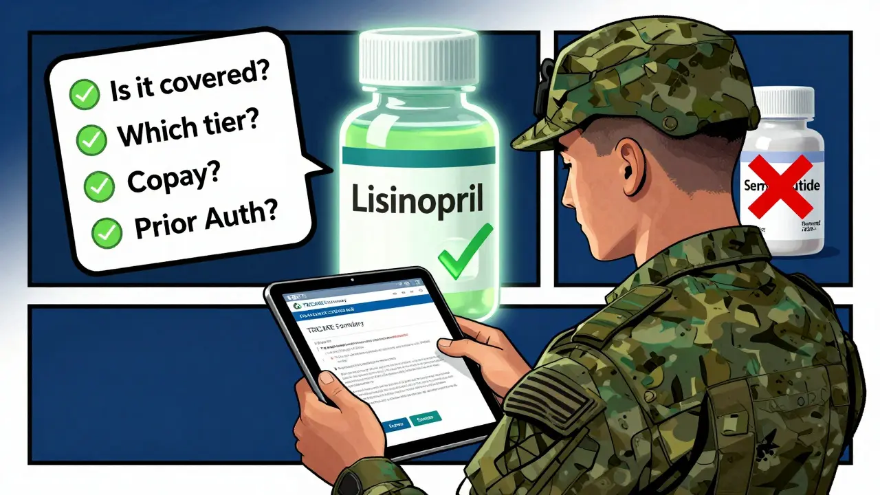 A soldier checks the TRICARE formulary on a tablet, with a green checkmark over a generic pill and a red X over a removed drug.