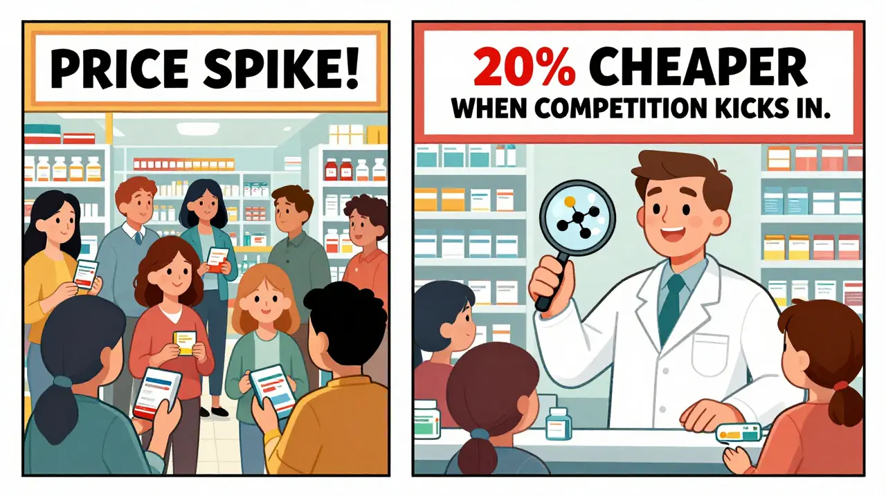 A split scene contrasts fear-driven brand purchases with calm generic use, highlighting a 20% price drop from market competition.