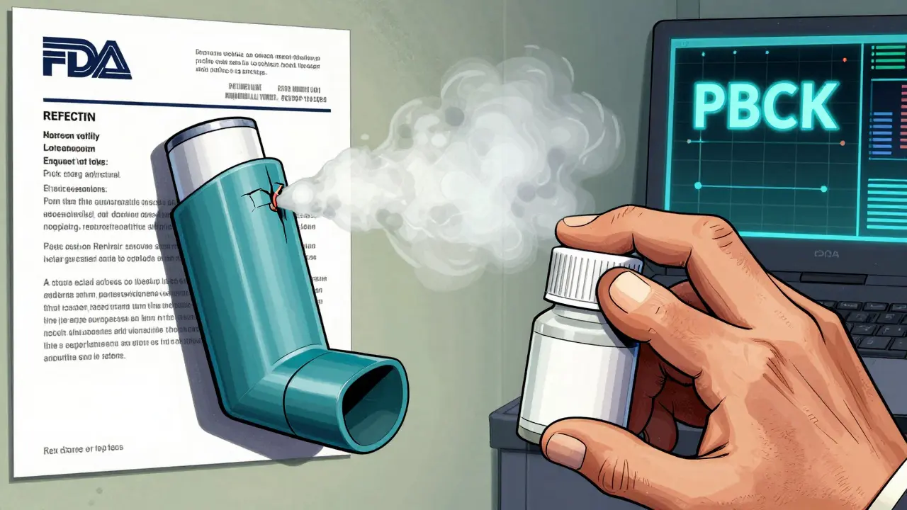 An inhaler with uneven drug delivery and a patient struggling to use a generic version, shown in bold comic illustration.