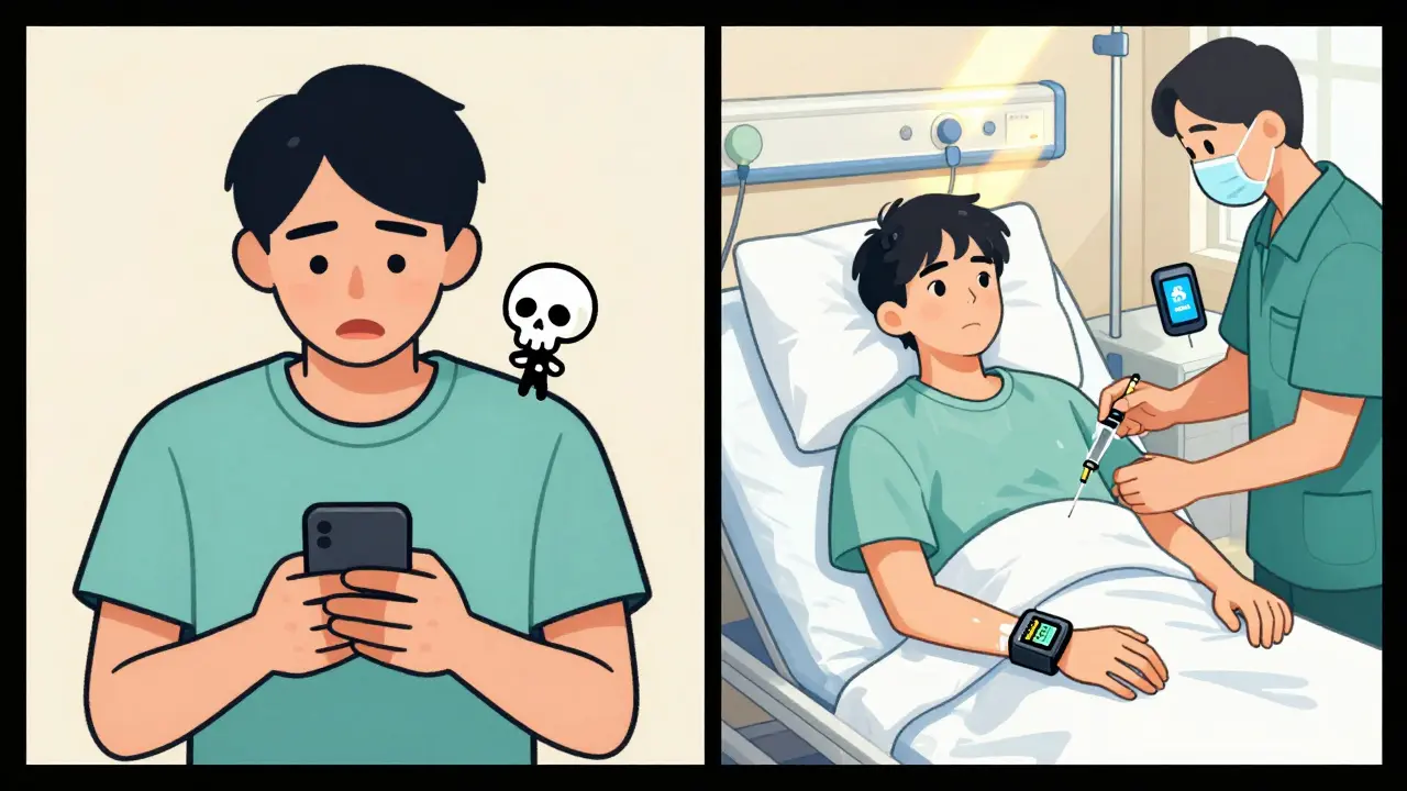 Before and after: one panel shows neglect of DKA symptoms, the other shows life-saving hospital care with CGM alert.