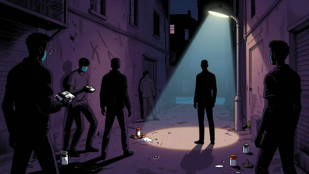 Dark street scene showing illicit drug exchange during lockdowns
