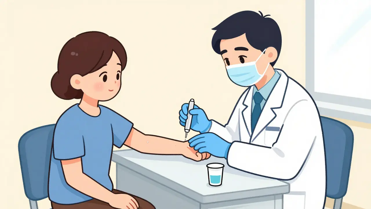 Doctor performing skin prick test in clinic