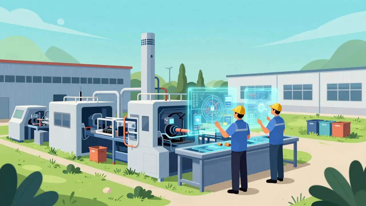 Factory workers examining floating blueprints for local production.