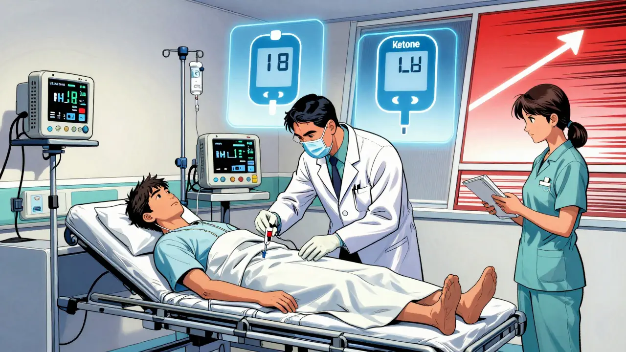 Hospital staff treat a DKA patient with IV fluids and insulin, surrounded by floating medical data icons in comic style.