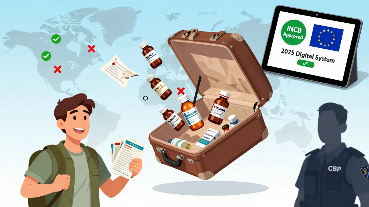 Medication bottles flying from suitcase with approved digital badge and world map