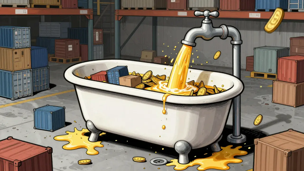 Overflowing bathtub with clogged drain represents supply chain issues.