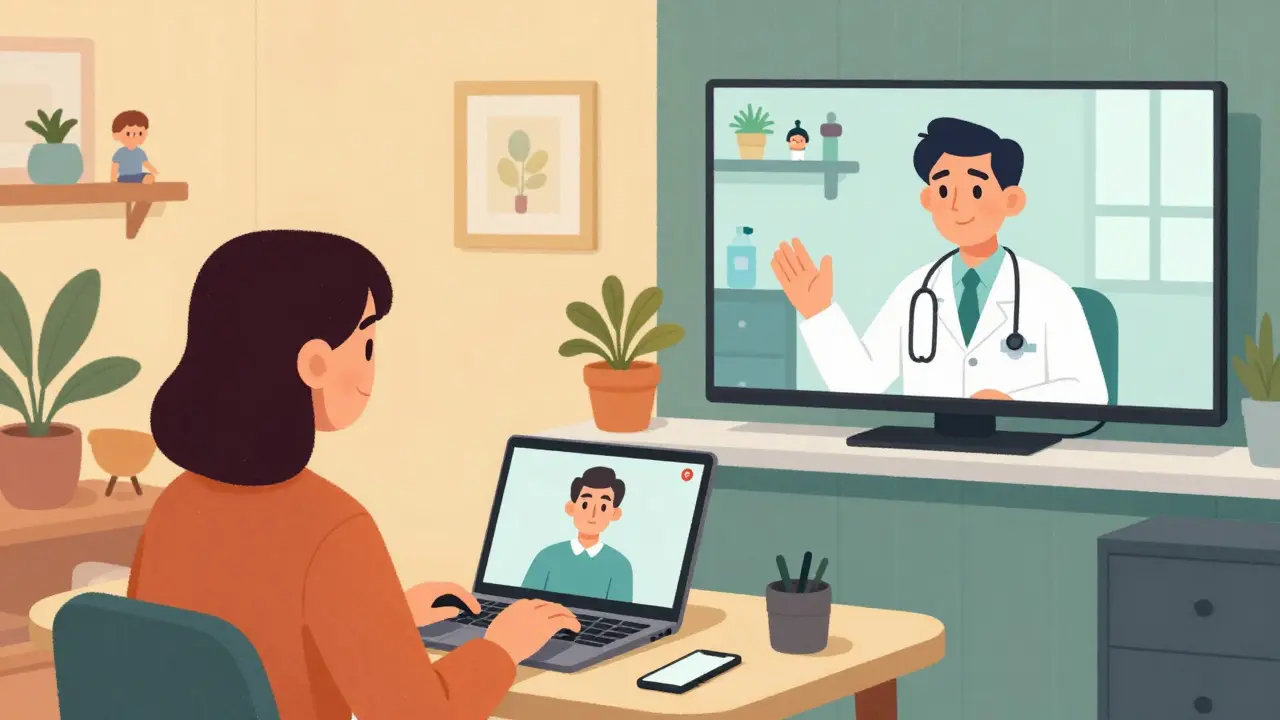 Patient receiving addiction treatment via telehealth video call