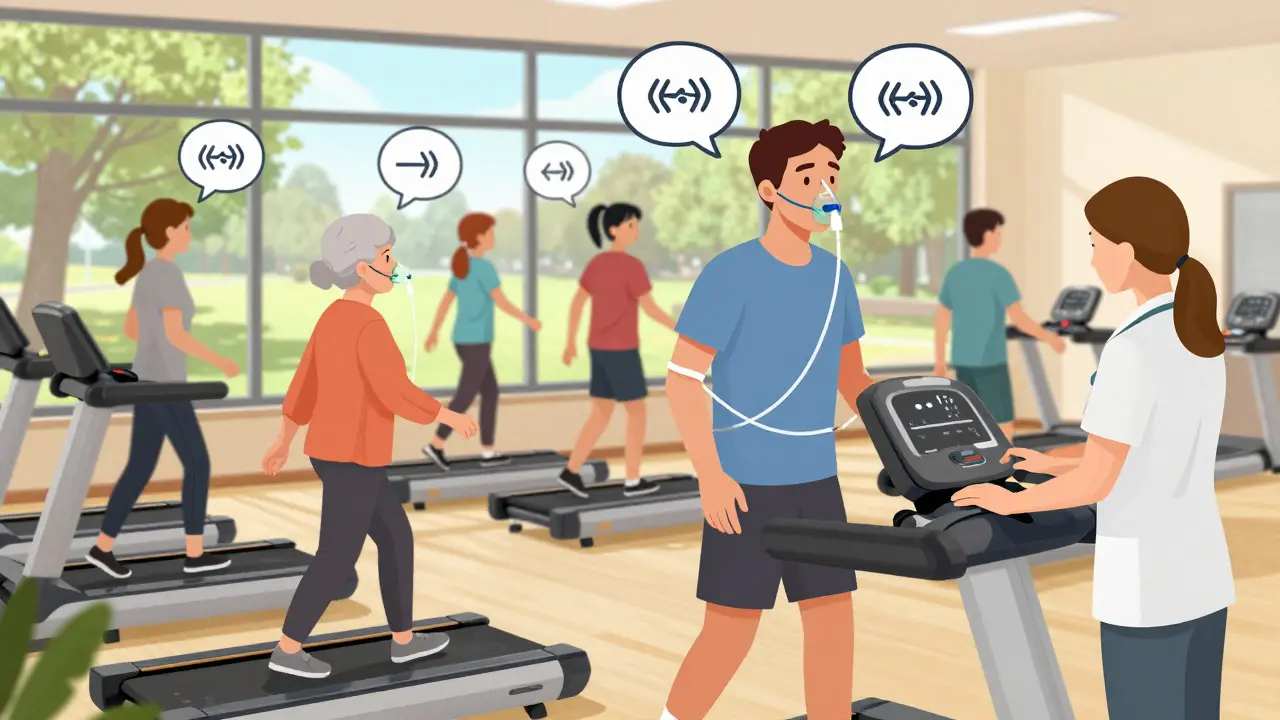 Patients in pulmonary rehab walk on treadmills under therapist supervision, with breath symbols and encouragement.