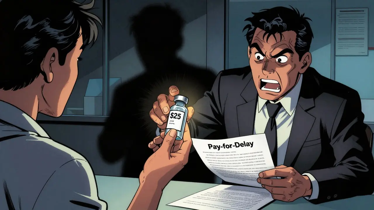 Pharmacist gives generic insulin as a shadowy figure blocks it with a 'Pay-for-Delay' contract.