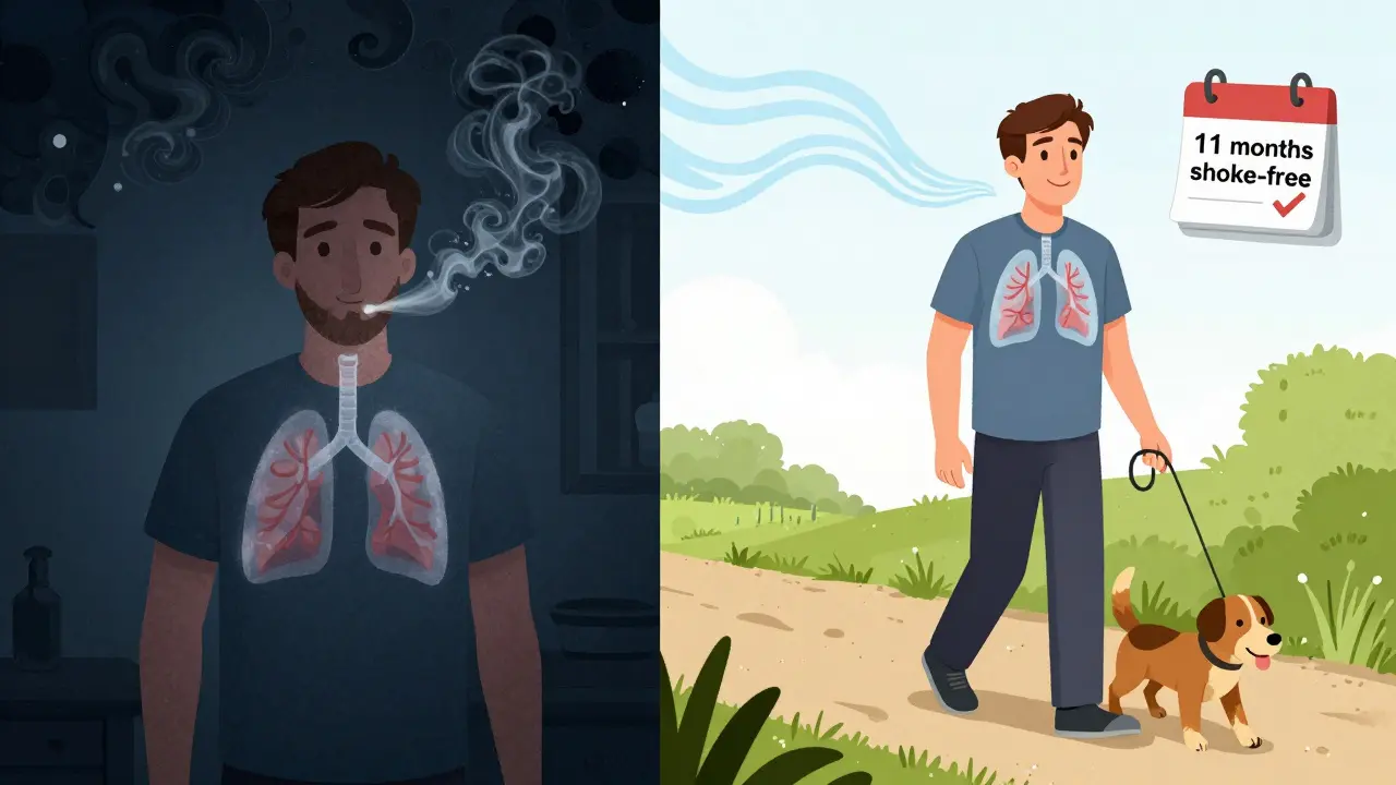 Split image: one side shows smoking with clogged lungs, the other shows healthy lungs and walking freely after quitting.