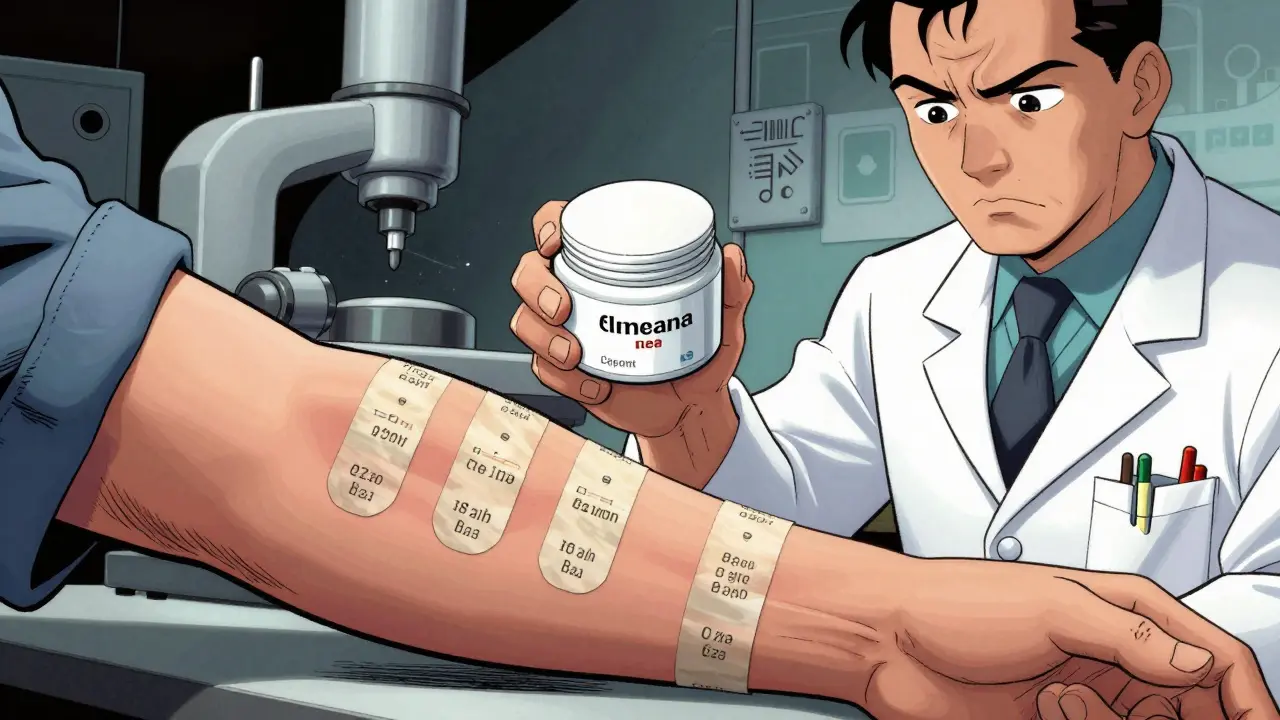 Tape-stripping method used to test topical cream penetration, with exaggerated skin layers and lab tools in cartoon style.