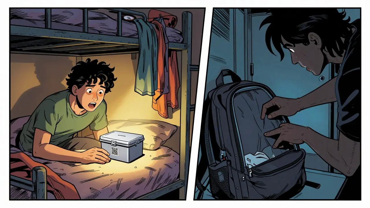 Traveler hiding a medication lock box under a hostel bed as someone reaches for their backpack.