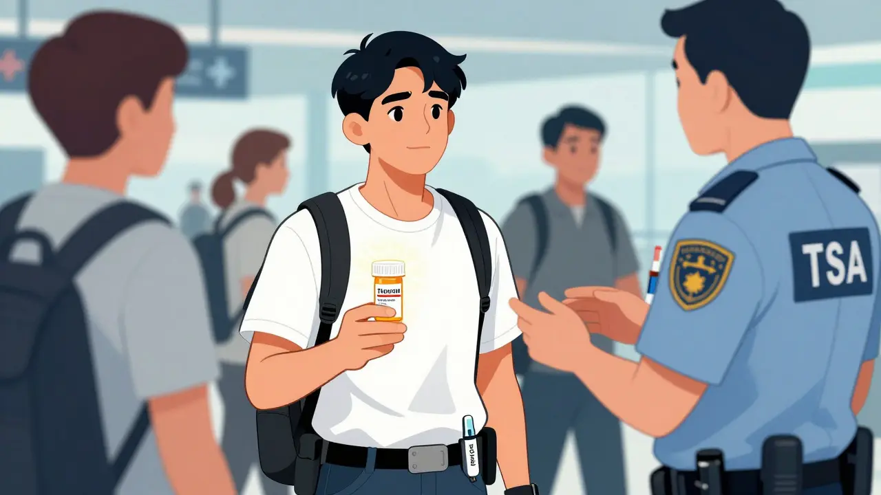 Traveler showing original prescription bottle to TSA officer while emergency meds are worn on belt.