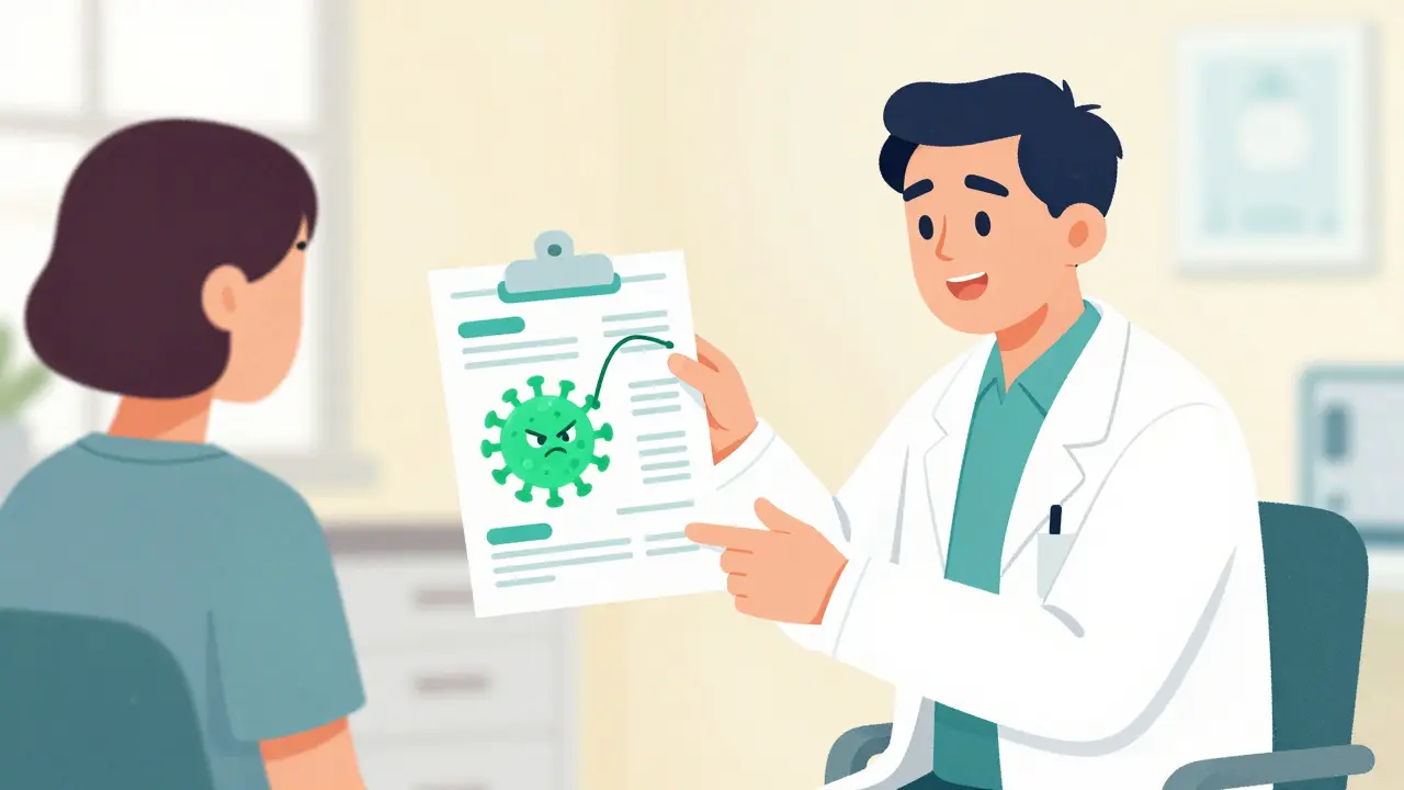 A doctor showing a patient a conceptual image of a leash restraining a virus.