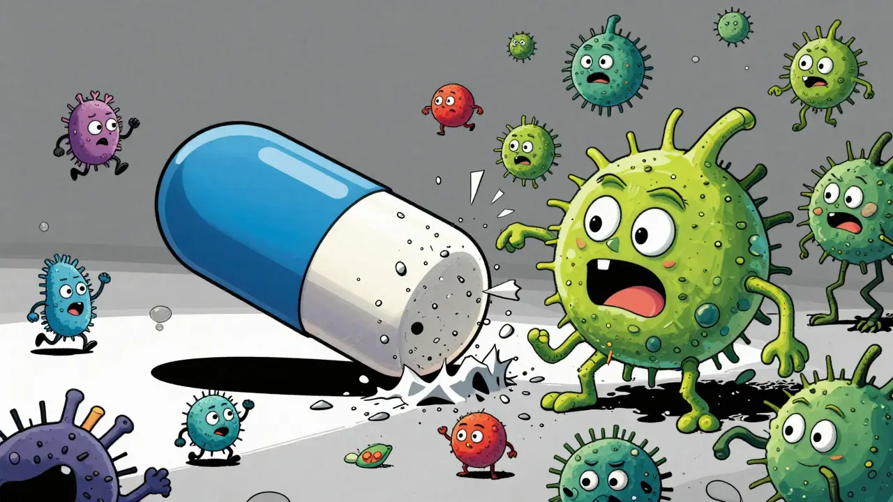 An antibiotic pill disrupting good bacteria and allowing C. diff to multiply.